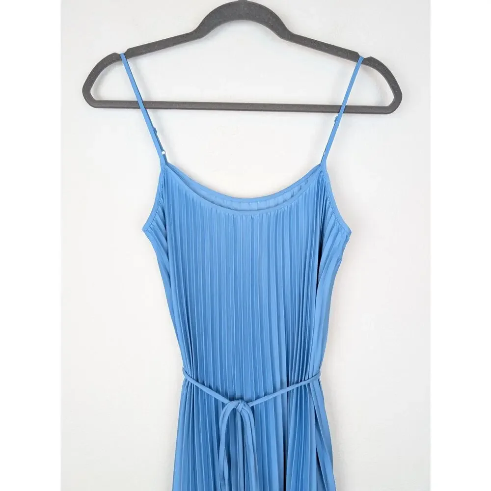 Vince Relaxed Plisse Dress Midi Accordion Pleat Satin Coquette Fairy Blue Size S